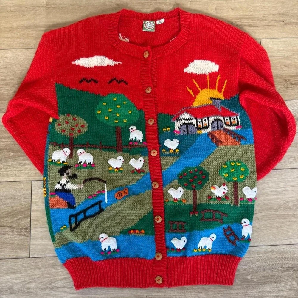 Vintage St. Peter Trachten Peru Lamb Farm Scene Cardigan Folk Cottagecore